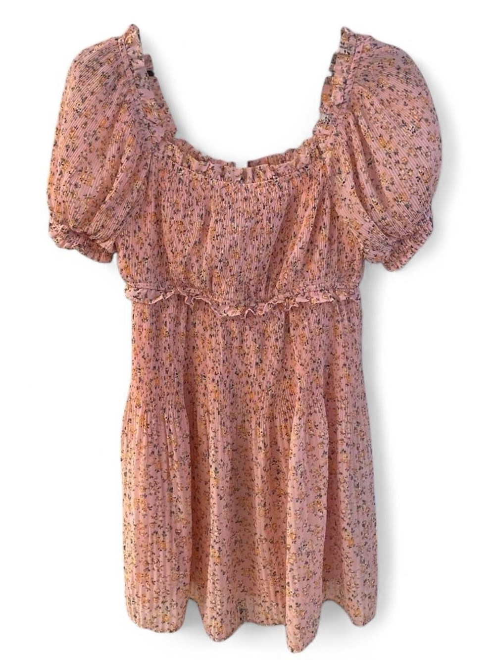 Pink Floral Smocked Mini Dress with Puff Sleeves